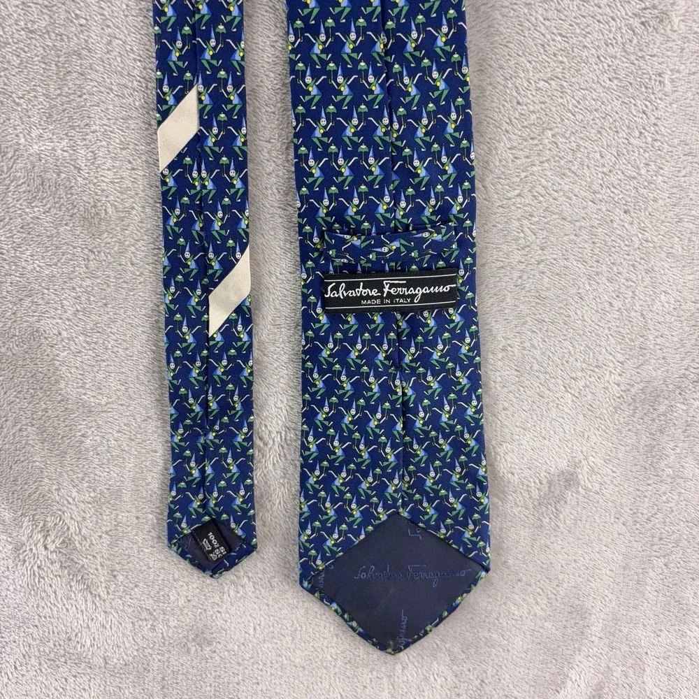 Salvatore‎ Ferragamo Necktie Mens Blue Novelty Golf Print Italy Silk Luxury